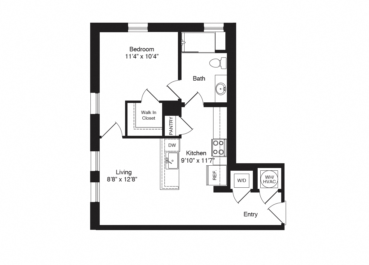 Floor plan for 1 bed, 1 bath, 704 sqft